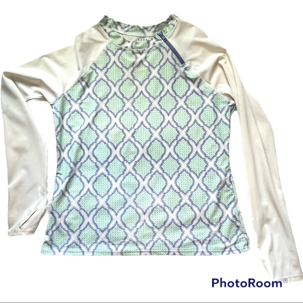 Cabana Life Blue Geometric White Long Sleeve Rashguard Zipper Neckline Thumbhole
